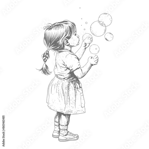 Pencil Sketch: Little Girl with Pigtails Blowing Bubbles.