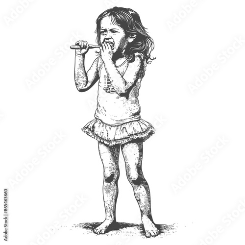 Sketch of a Yawning Girl in Tutu Brushing Teeth.
