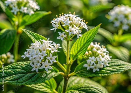 Delicate white blooms of Lippia alba, a native verbena, unfold against a backdrop of lush green foliage, showcasing its intricate branching pattern and tiny leaves. photo