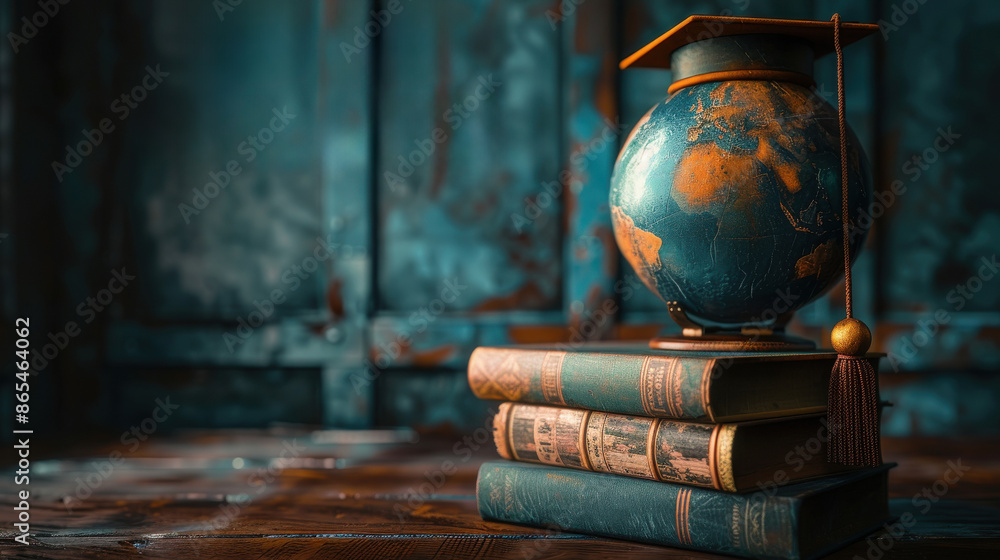 A globe sits on top of a stack of books with copy space A globe sits on top of a stack of books with copy space