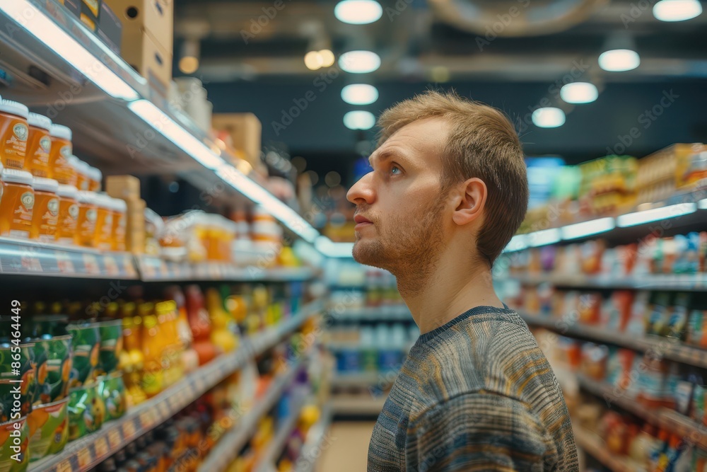 candid scene of a man browsing products in a modern grocery store focus on the interplay of colorful packaging and clean store design exploration of consumerism and everyday life candid scene of a man browsing products in a modern grocery store focus on the interplay of colorful packaging and clean store design exploration of consumerism and everyday life