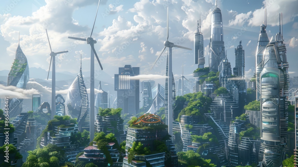 city of the future with alternative energy sources, solar panels ...