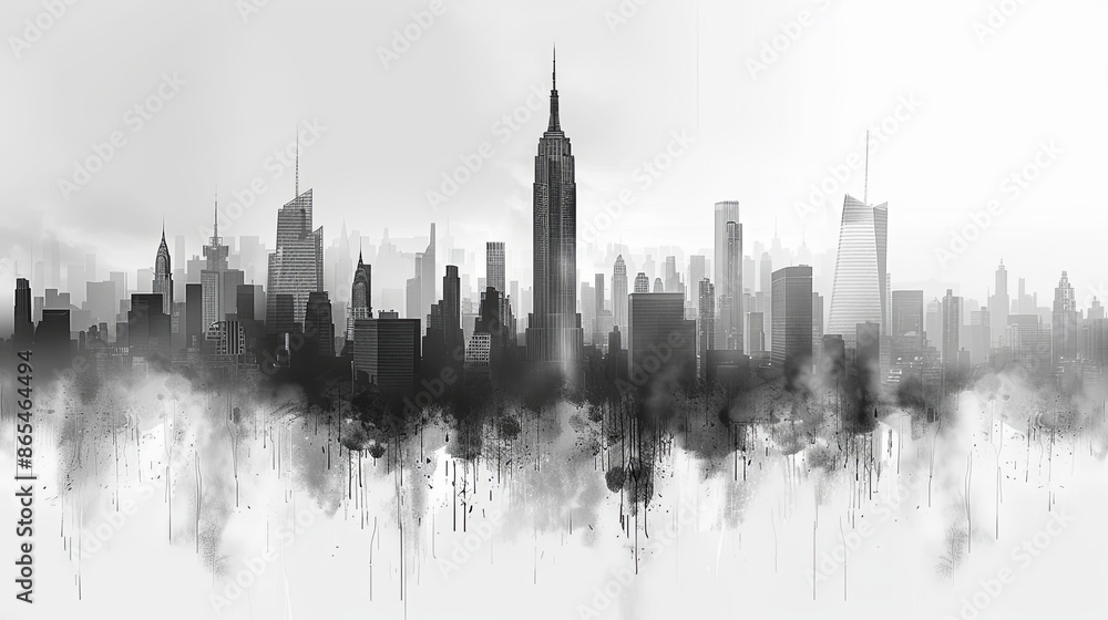 Obraz premium Cityscape with silhouettes of tall skyscrapers and office buildings. Panoramic landscape of the metropolis. Silhouettes of a modern city. Business district of the city. Vector illustration