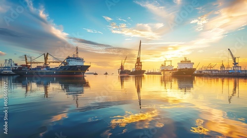 A modern harbor at dawn, with ships entering the port amidst calm waters reflecting the soft glow of sunrise, Symbolizing the reliability and steady flow of global shipping routes © Jians