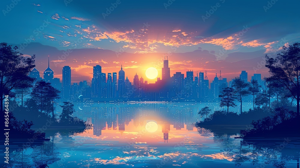 Fototapeta premium Cityscape with silhouettes of tall skyscrapers and office buildings. Panoramic landscape of the metropolis. Silhouettes of a modern city. Business district of the city. Vector illustration