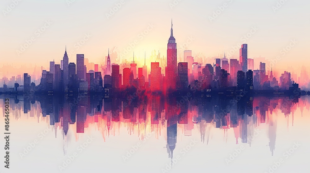 Naklejka premium Cityscape with silhouettes of tall skyscrapers and office buildings. Panoramic landscape of the metropolis. Silhouettes of a modern city. Business district of the city. Vector illustration