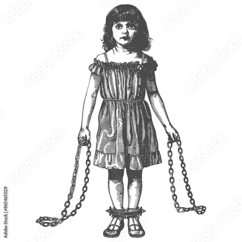 little girl slave with shackle with engraving style