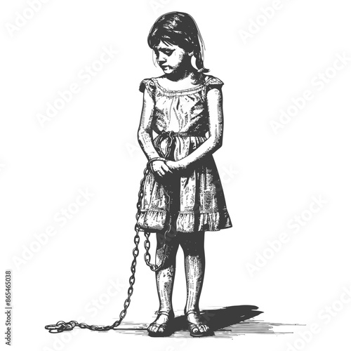 little girl slave with shackle with engraving style