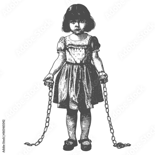 little girl slave with shackle with engraving style
