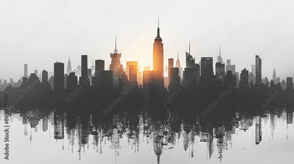 Obraz premium Cityscape with silhouettes of tall skyscrapers and office buildings. Panoramic landscape of the metropolis. Silhouettes of a modern city. Business district of the city. Vector illustration