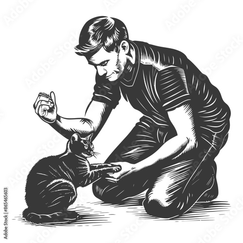 Woodcut Style: Man Kneeling, Training Black Cat with Hand Gestures.