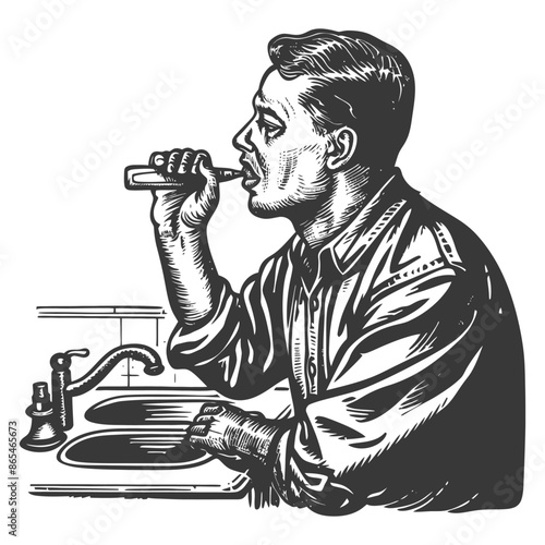 Retro Etching: Man Brushing Teeth at Sink, Classic Hygiene Routine.