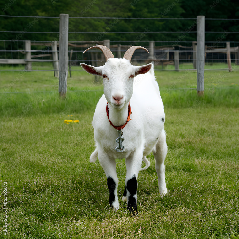 Playful White Curly-Horned Goat in Green Pasture – Captivating Animal Portrait of Cute, Curious Dairy Goat Enjoying Sunny Day on Farm Playful White Curly-Horned Goat in Green Pasture – Captivating Animal Portrait of Cute, Curious Dairy Goat Enjoying Sunny Day on Farm