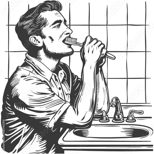 Retro Ink Man Brushing Teeth, Morning Routine.