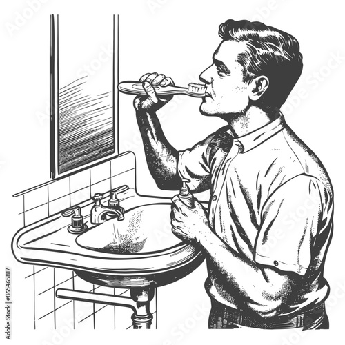 Vintage Man Brushing Teeth, Bathroom Sink Illustration