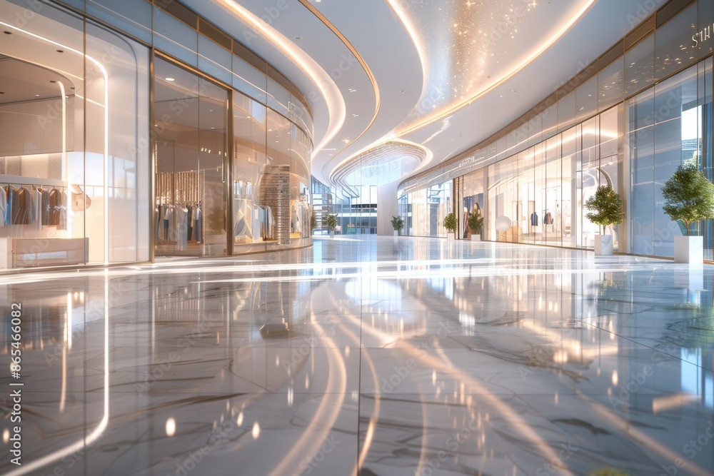 A large, empty shopping mall with a lot of white space and a few potted plants A large, empty shopping mall with a lot of white space and a few potted plants