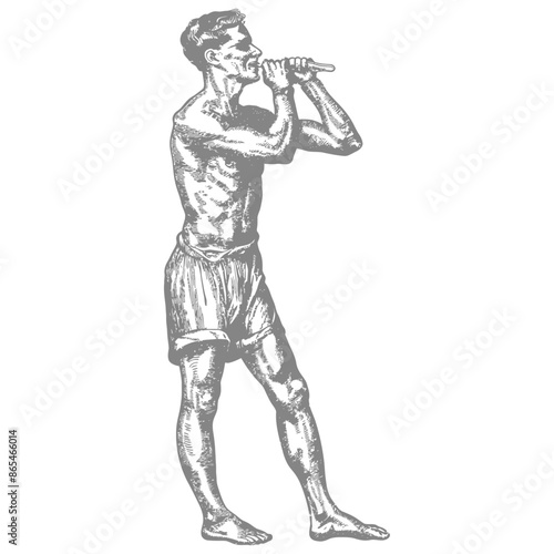 Emaciated Man Playing Flute, Antique Illustration.