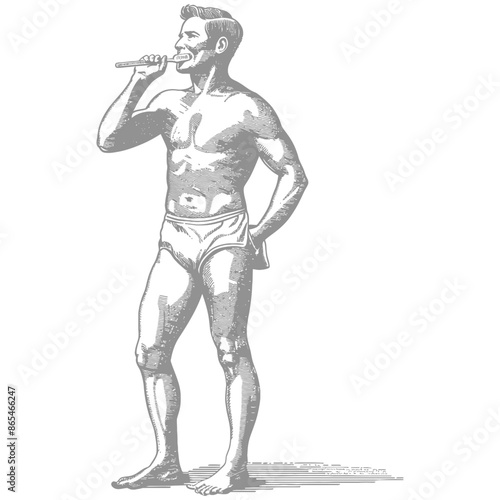Etched: Shirtless Man in Briefs Brushing Teeth, Vintage Aesthetic.