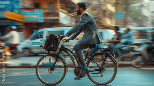 Indian Businessman in a suit is riding a bicycle in a busy city street