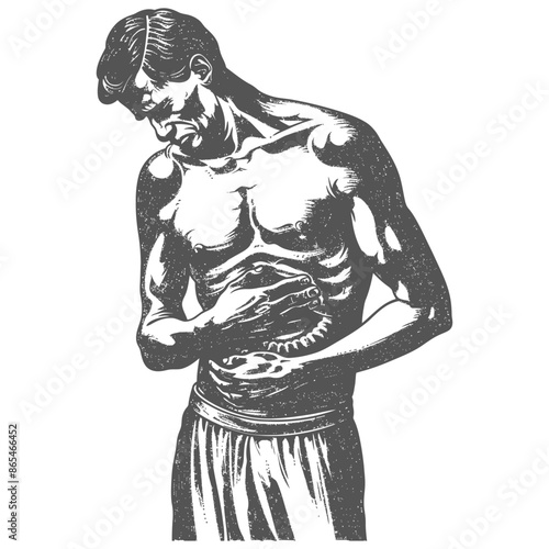 Engraved Torso: Muscular Man Gripping Stomach, Woodcut Distress.