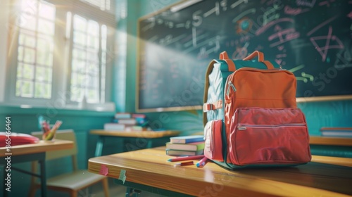 Back to School - Backpack on Desk in Sunlit Classroom - Generative AI photo