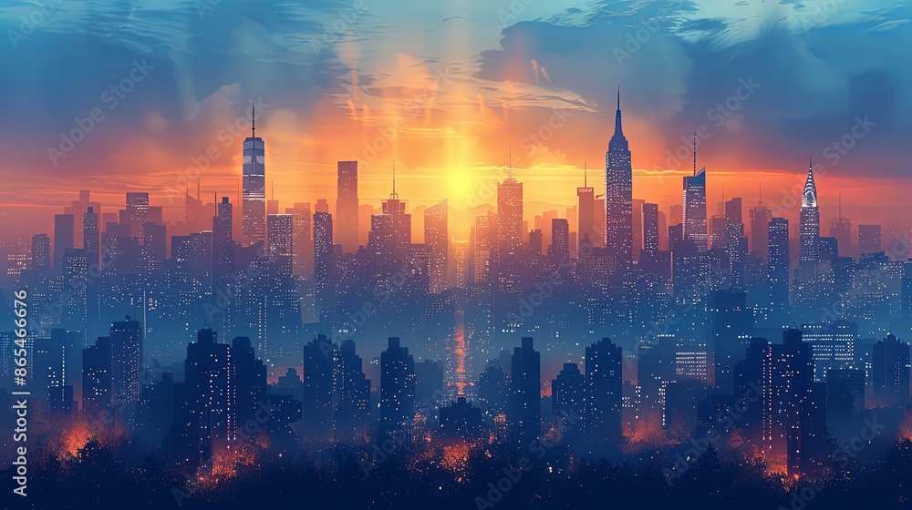 Cityscape with silhouettes of tall skyscrapers and office buildings. Panoramic landscape of the metropolis. Silhouettes of a modern city. Business district of the city. Vector illustration Cityscape with silhouettes of tall skyscrapers and office buildings. Panoramic landscape of the metropolis. Silhouettes of a modern city. Business district of the city. Vector illustration