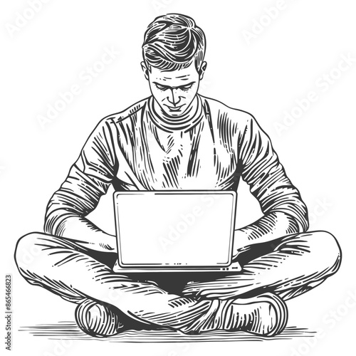 Cross-legged man engrossed in laptop, hand-drawn ink illustration on white.