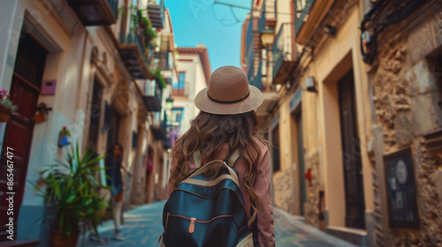 Traveler girl look at Cathedral in old town of Spanish city. Young backpacker tourist in solo travel. Vacation, holiday, trip