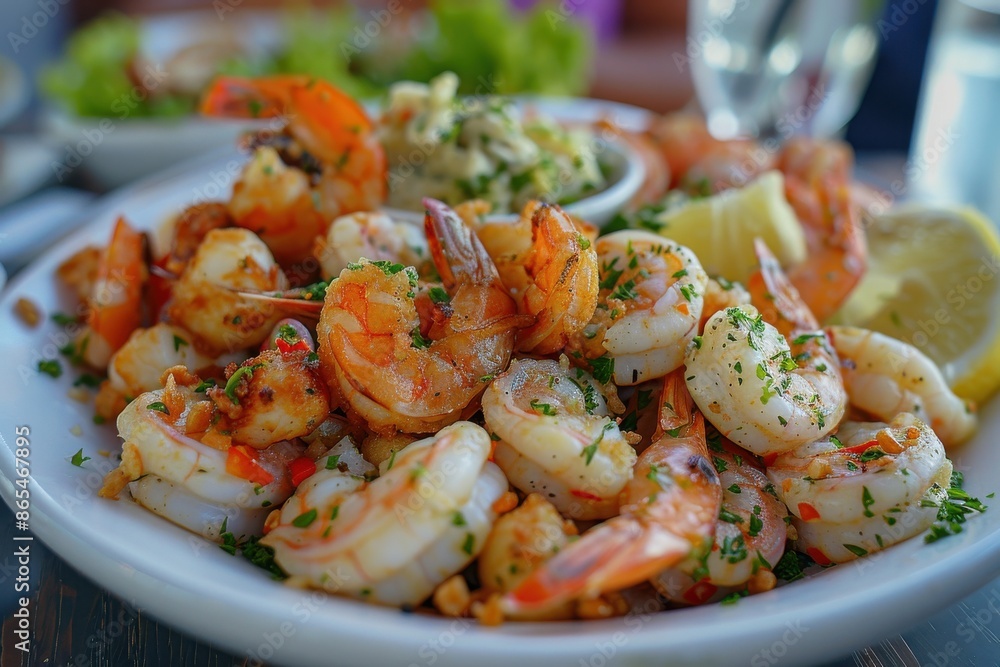 A plate of shrimp and fries with a lemon wedge on the side A plate of shrimp and fries with a lemon wedge on the side