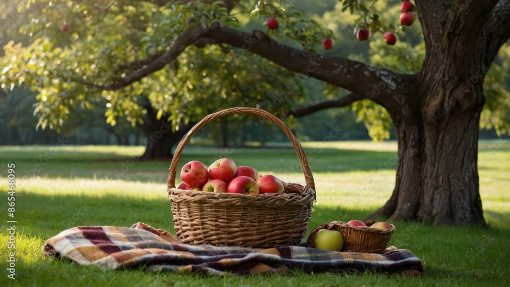 A scenic orchard with a basket of apples on a plaid blanket, perfect for a picnic or relaxing in nature during a peaceful autumn harvest. A scenic orchard with a basket of apples on a plaid blanket, perfect for a picnic or relaxing in nature during a peaceful autumn harvest.