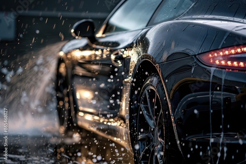 closeup of a luxury car being washed with soap suds and water splashing dramatically dark background and high contrast lighting emphasize the vehicles sleek curves and glossy finish photo