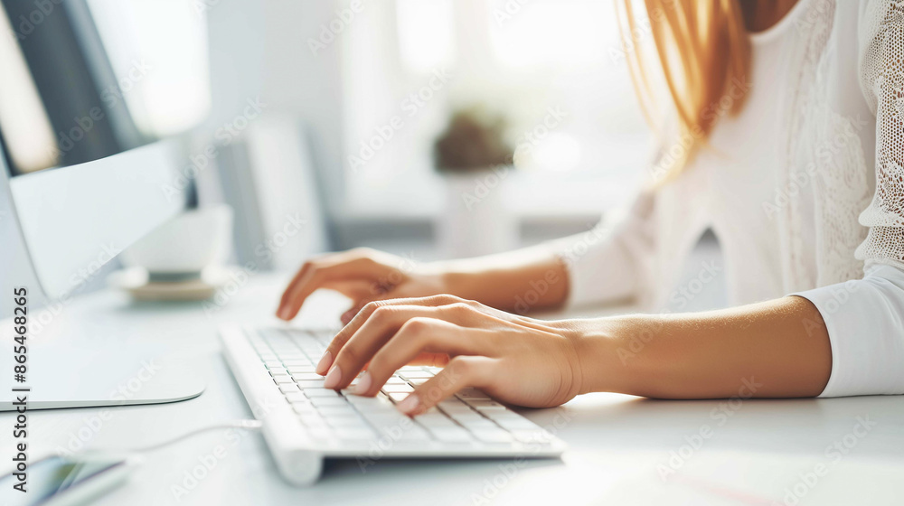 Close-up of a woman’s hands typing on a white keyboard at a bright, modern desk, showcasing productivity and focus. Close-up of a woman’s hands typing on a white keyboard at a bright, modern desk, showcasing productivity and focus.