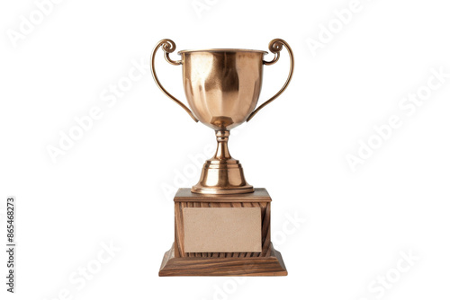 Photography Golden trophy cup with handles on a wooden base, perfect for representing achievement, victory, or excellence in various competitions