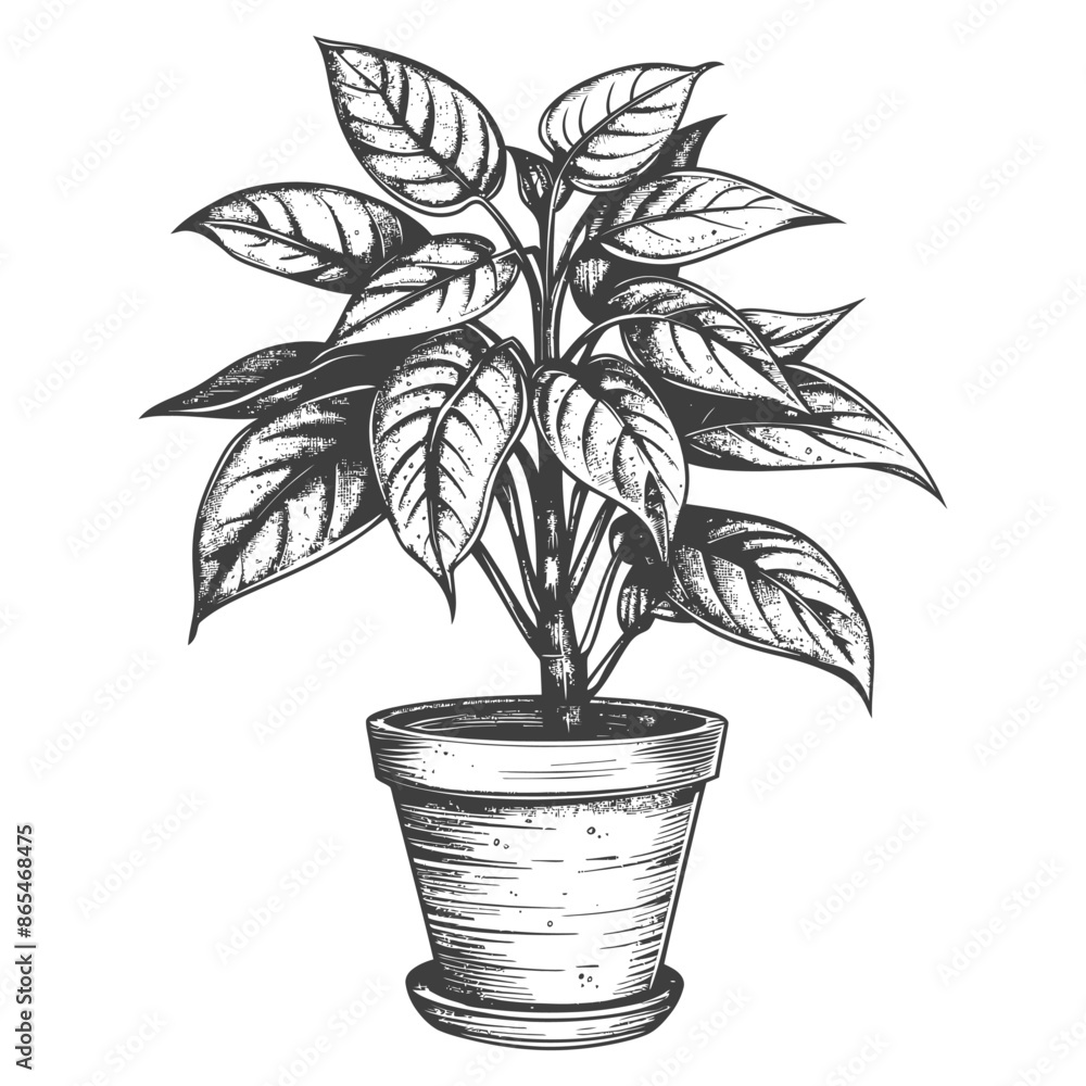 ornamental plants in pot with engraving style