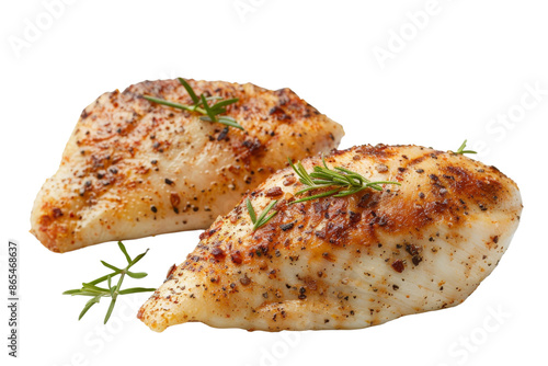 Two seasoned and grilled chicken breasts with herbs on a white background. Perfect for recipes, culinary blogs, and restaurant menus.