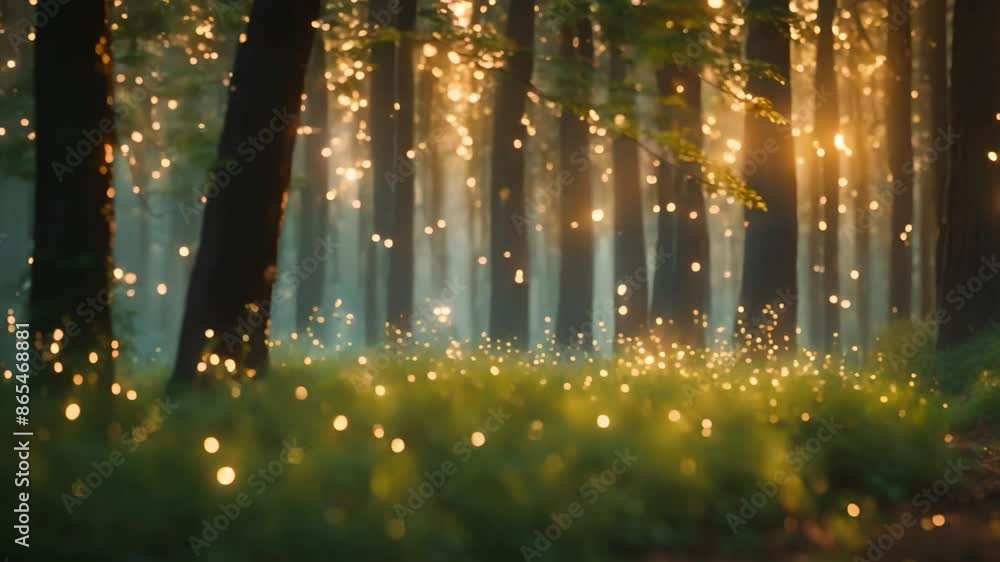 A magical forest at twilight with glowing fireflies, soft bokeh lights in the background.4k 60fps A magical forest at twilight with glowing fireflies, soft bokeh lights in the background.4k 60fps