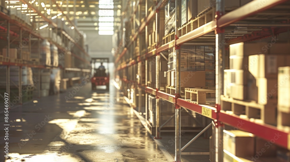 Fototapeta premium Warehouse with Forklift in Aisle at Sunset - Generative AI