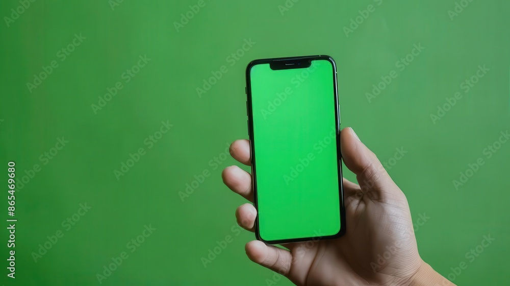 closeup of hand holding sleek smartphone with vivid green screen ready for customization modern technology concept closeup of hand holding sleek smartphone with vivid green screen ready for customization modern technology concept