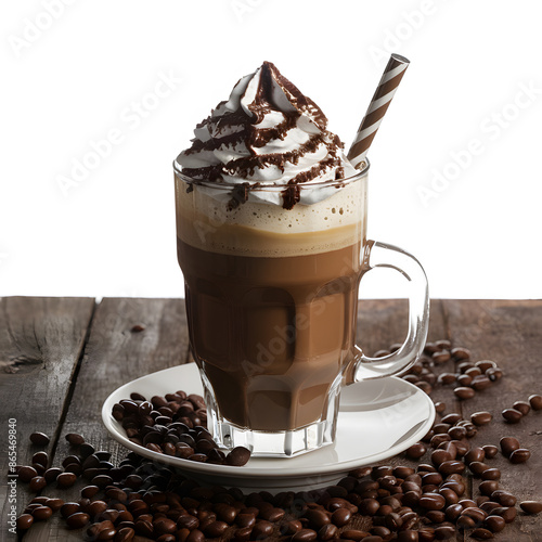 Indulgent Coffee: Frothy Cappuccino with Whipped Cream and Chocolate Drizzle - A Gourmet Café Delight photo