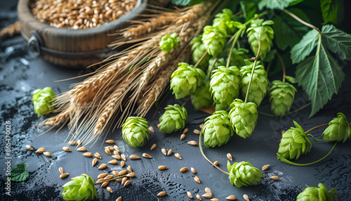 Green hops, malt, ears of barley and wheat grain, ingredients to make beer and bread, agricultural background photo