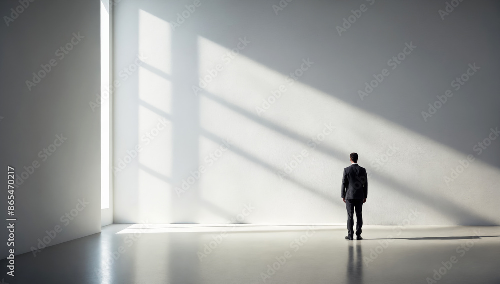 male figure in suit standing in empty white hall in rays of the sun. background with man and shadow on wall
