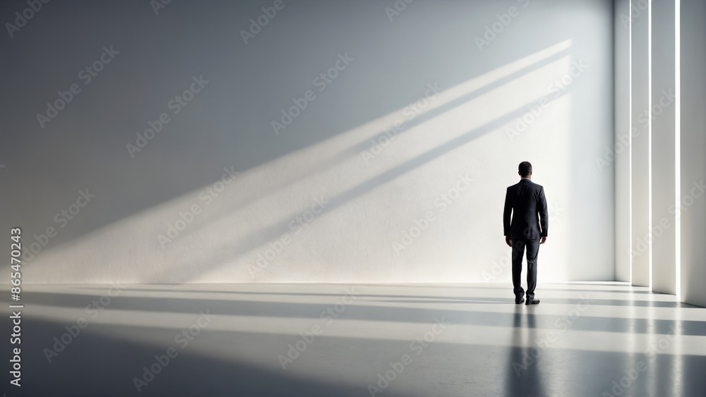 male figure in suit standing in empty white hall in rays of the sun. background with man and shadow on wall male figure in suit standing in empty white hall in rays of the sun. background with man and shadow on wall