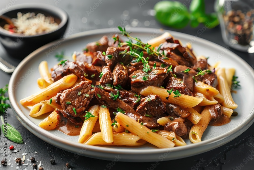A plate of pasta with meat and mushrooms A plate of pasta with meat and mushrooms