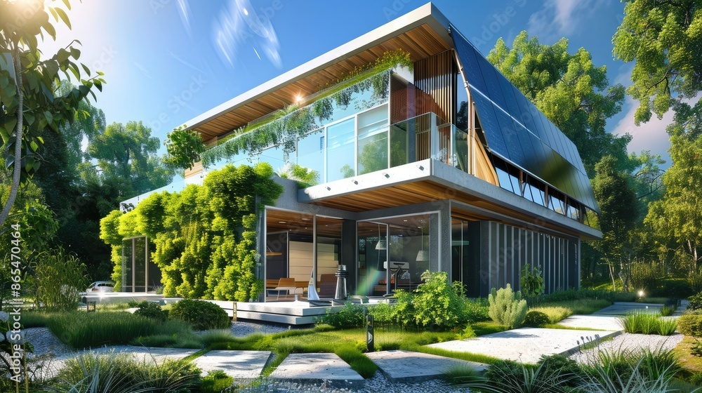 modern building, unusual architecture of the future, landscaping, a lot of greenery, plants, unity with nature, the concept of harmony with the environment, nature