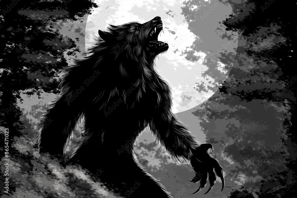 Werewolf Howling at the Full Moon in a Dark Forest Werewolf Howling at the Full Moon in a Dark Forest