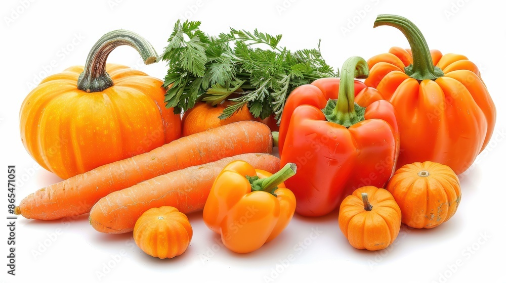 Obraz premium Assortment of Fresh and Healthy Orange Vegetables Including Carrots, Bell Peppers, Tomatoes, and Pumpkins Isolated on a Clean White Background – Ideal for Nutrition, Health, and Cooking Themes