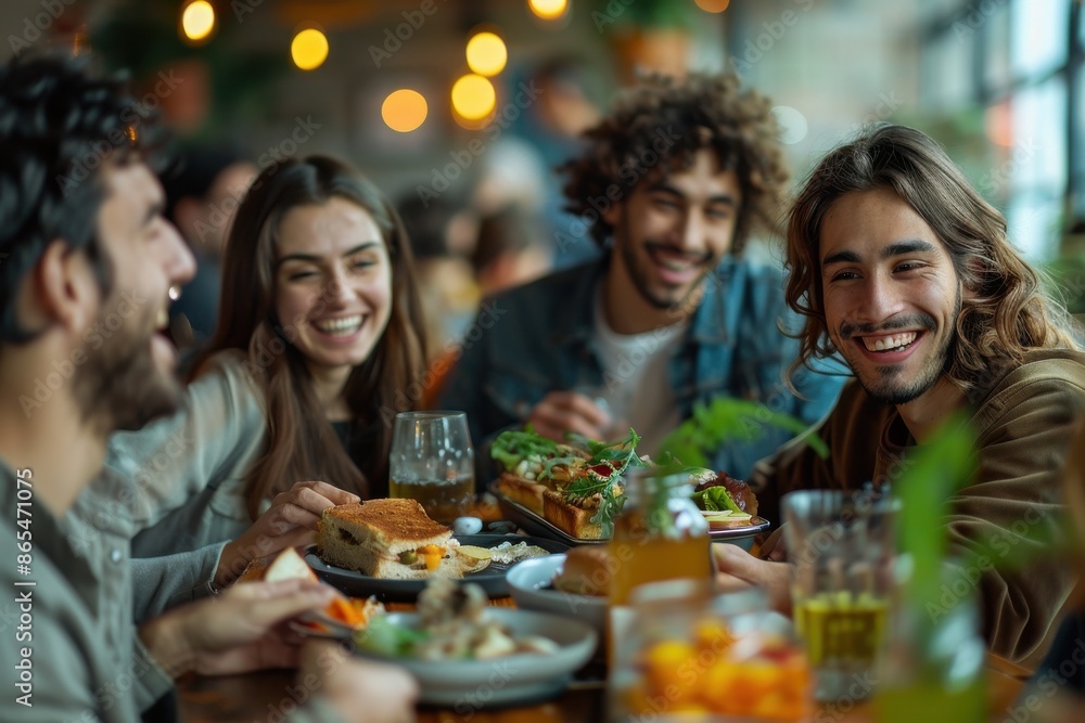 A group of people are sitting around a table with food and drinks, smiling A group of people are sitting around a table with food and drinks, smiling