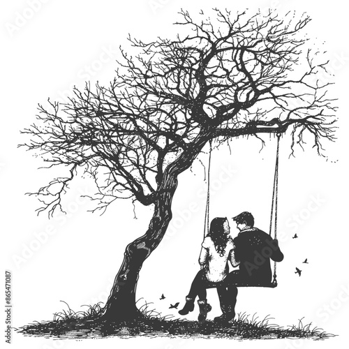 young couple sitting under swing on the tree with engraving style