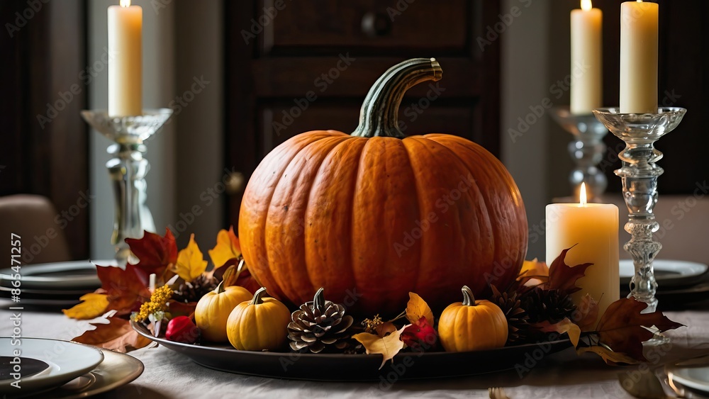 A cozy autumn-themed dining table centerpiece with pumpkins, candles, leaves, and pinecones, perfect for a festive Thanksgiving dinner or fall decoration. A cozy autumn-themed dining table centerpiece with pumpkins, candles, leaves, and pinecones, perfect for a festive Thanksgiving dinner or fall decoration.
