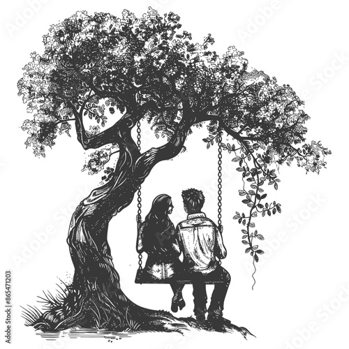 young couple sitting under swing on the tree with engraving style